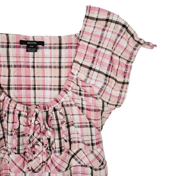 Majora Plaid Scoop Neck Shirt Dress Puff Sleeve Button Front Tie Waist - Size M - Picture 3 of 6